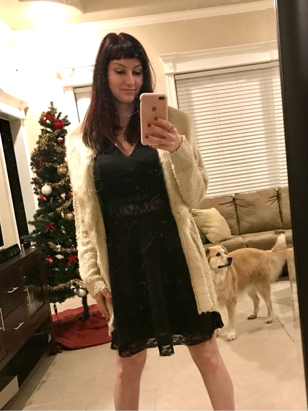 Guess Black V-Neck Midi Dress with Lace Trim